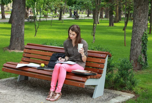 Giovane donna che studia in un parco — Foto Stock