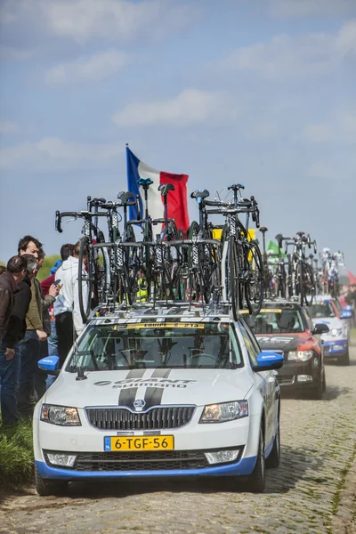 Row of Technical Vehicles- Paris- Roubaix 2014 — Stock Photo, Image