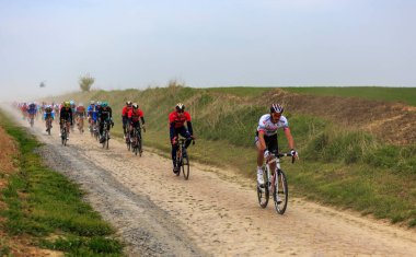 Viesly, Fransa - 14 Nisan 2019: ArkeaSamsic Team 'ten Fransız bisikletçi Brice Feillu, Paris Roubaix 2019' da Briastre 'den Viesly' ye giden kaldırım taşı yolda pelotona biniyor.. 