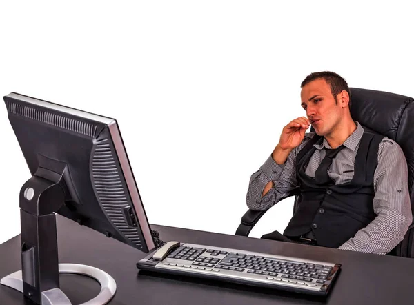 Tired Businessman Front His Computer Office Isolated White Background — Stock Photo, Image