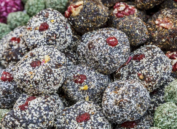 Close Heap Sweet Balls Stand Street Food Market — Stock Photo, Image