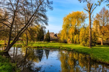 İlkbaharda söğüt ağaçlarıyla dolu bir parktaki gölette yansımalar. Görüntü: Brou, Orta Fransa 'da Eure et Loir Bölümü' nde küçük bir kasaba. Bu resim 
