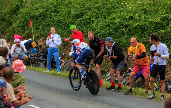 Louverne, France - June 30, 2021: The Italian cyclist Vincenzo Nibali of Team Trek-Segafredo rides during the stage 5 (Individual Time Trial) of Le Tour de France 2021. 