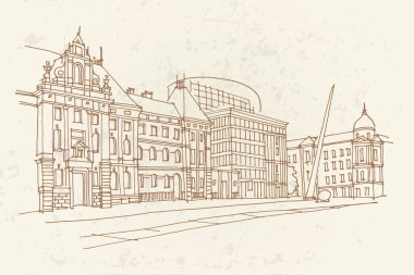 Hırvatistan 'ın Zagreb kentinde sokak manzarasının el çizimi çizimi.