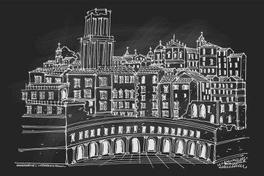 Trajan 'ın Pazarı' nın (Mercati Traianei) vektör çizimi. Roma. İtalya.