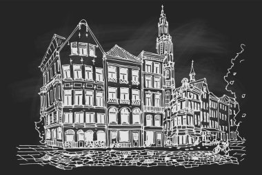 Antwerpen, Belçika 'daki sokak sahnesinin vektör çizimi.