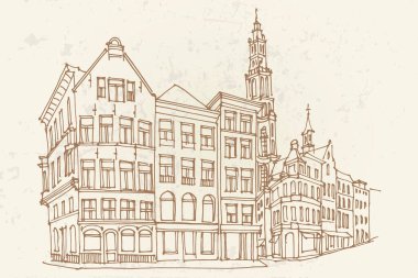 Antwerpen, Belçika 'daki sokak sahnesinin vektör çizimi.