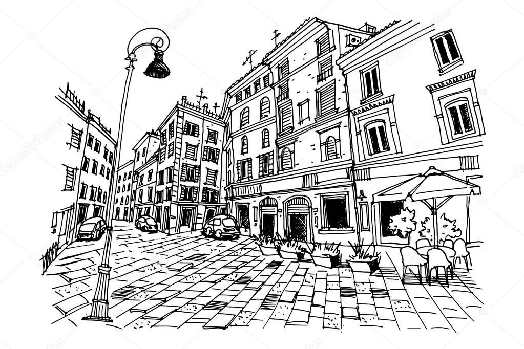Vector sketch of street scene in Rome, Italy.