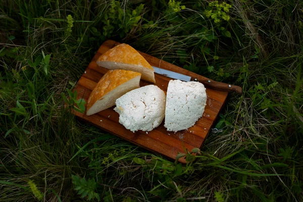 山地奶酪 山羊和羊奶酪 这是高原草甸的自然产物 草块上的切菜板上有几片奶酪 图库照片