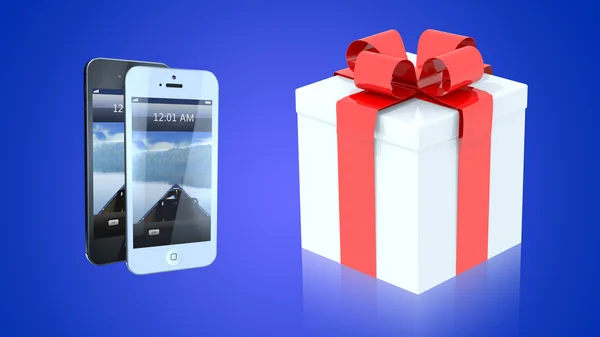 Phones on blue backbgound with present box — Stock Photo, Image