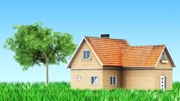House on grass with tree — Stock Photo, Image