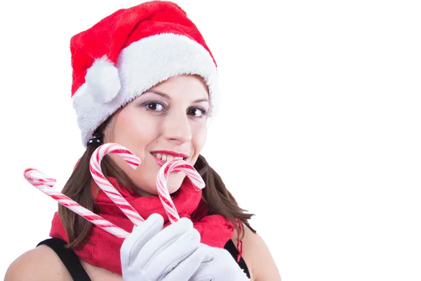 Schöne Frau in Weihnachtsmannkleidung auf weißem Hintergrund. — Stockfoto