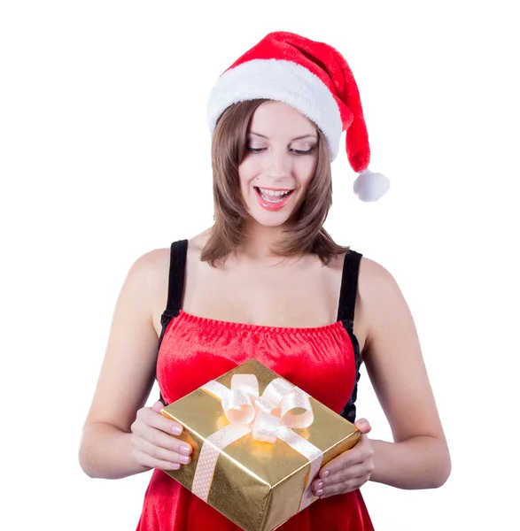 Foto van vrolijke santa helper meisje met geschenkdoos — Stockfoto