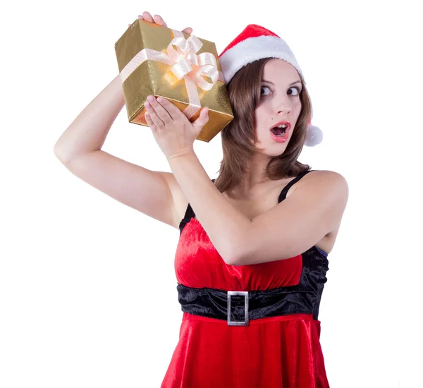 Imagem de alegre santa ajudante menina com caixa de presente — Fotografia de Stock