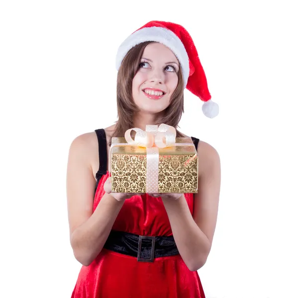 Foto di allegra ragazza aiutante di Babbo Natale con scatola regalo — Foto Stock