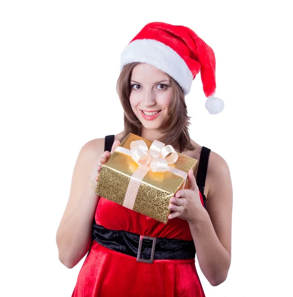 Picture of cheerful santa helper girl with gift box Royalty Free Stock Images