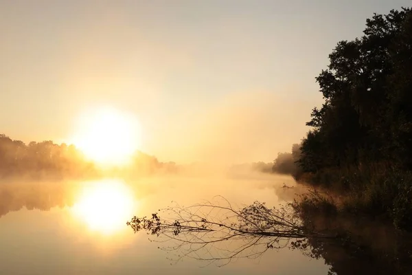 Sunrise Lake Foggy Spring Day — Foto de Stock