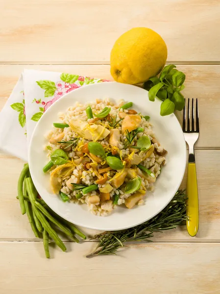 Risotto de cebada con alcachofa de setas carne blanca y frijol verde —  Fotos de Stock