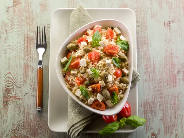 Vejetaryen tofu ve kahverengi pirinç pilav salatası — Stok fotoğraf