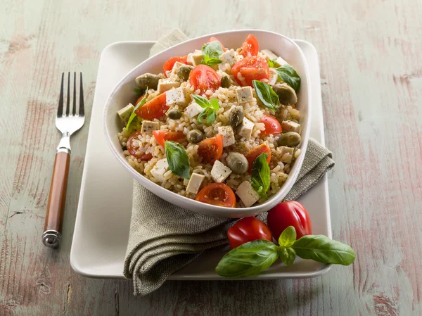 Vejetaryen tofu ve kahverengi pirinç pilav salatası — Stok fotoğraf