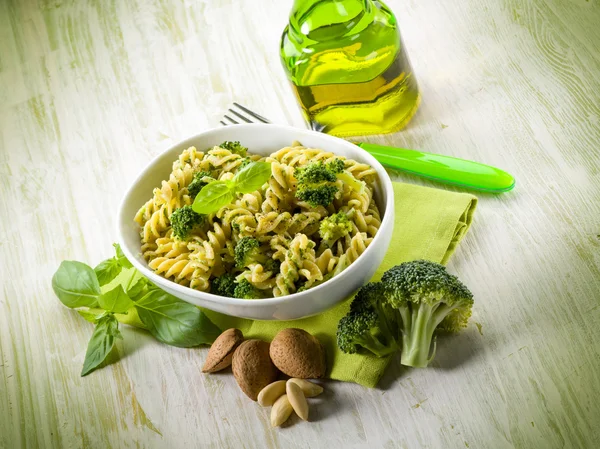 Fusilli with broccoli and almond sauce — Stock Photo, Image