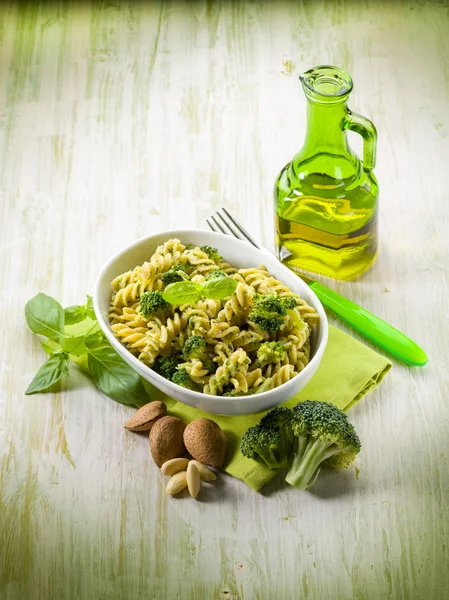 Fusilli with broccoli and almond sauce — Stock Photo, Image
