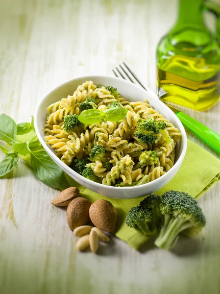 Fusilli with broccoli and almond sauce, selective focus — Stock Photo, Image