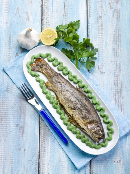 Trout with spinach cream decoration — Stock Photo, Image