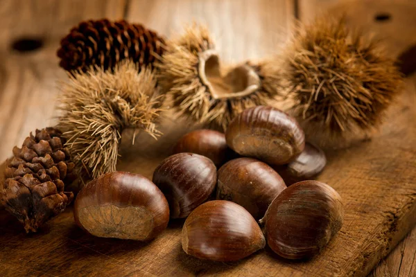 Raw Chestnuts Hedgehog Wooden Table — Stock Photo, Image