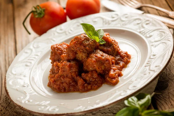 Bolitas Carne Con Salsa Tomate Receta Italiana Tradicional — Foto de Stock