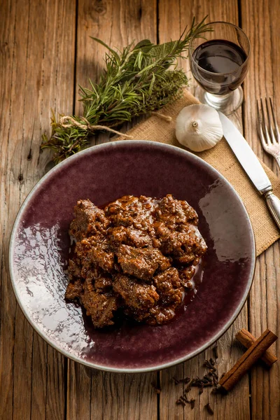 Venison Stew Traditional Italian Recipe Glass Red Wine — Stock Photo, Image