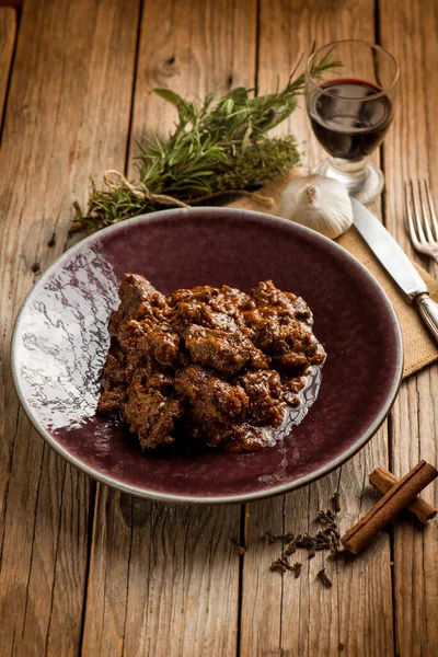 Guisado Veado Receita Tradicional Italiana Copo Vinho Tinto — Fotografia de Stock