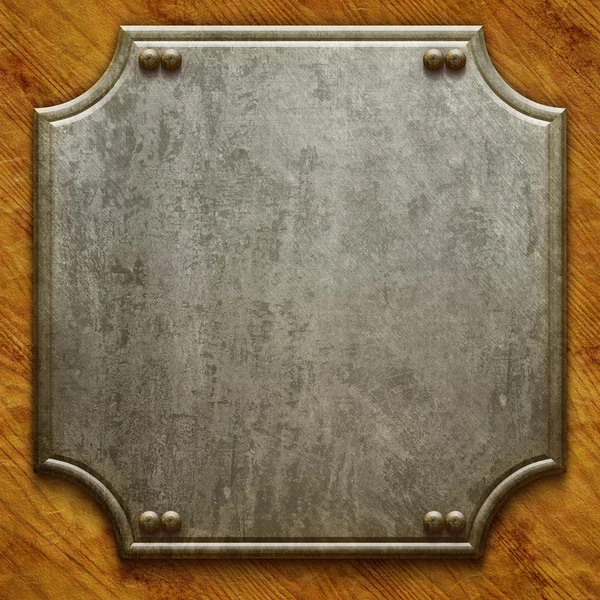 Eski ahşap zemin üzerinde metal tabela — Stok fotoğraf