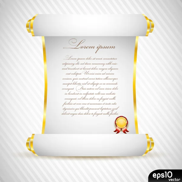 Manuscrito blanco con medalla de oro — Vector de stock