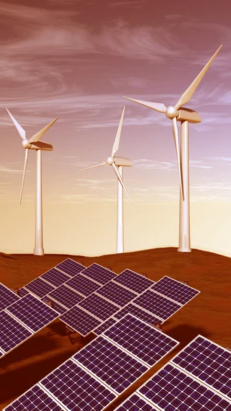 Paneles solares y turbinas eólicas al atardecer — Foto de Stock