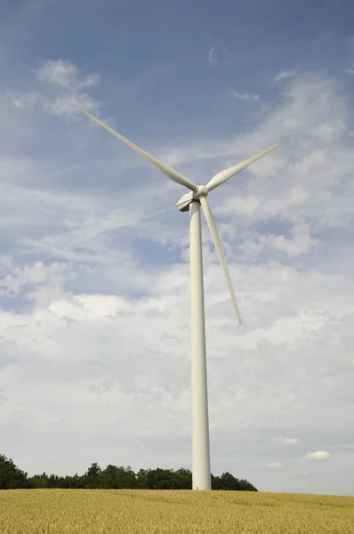 Turbina eólica en un campo de cereales con un cielo nublado —  Fotos de Stock