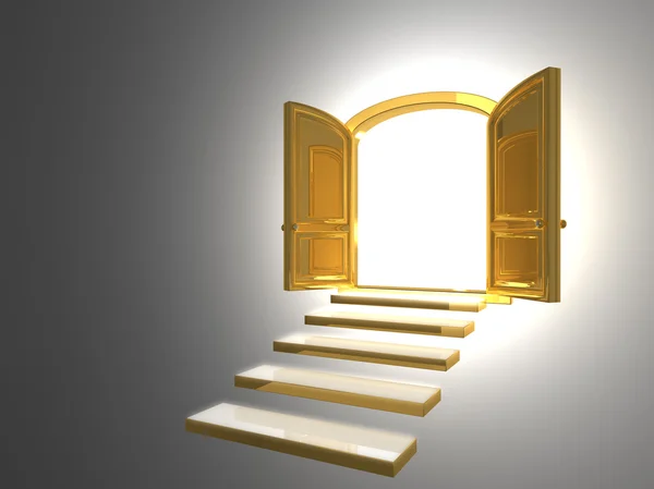 Большая золотая дверь открылась на белом — стоковое фото