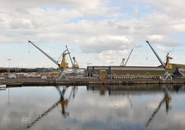 Two grey and yellow Cranes along quay — Stock Photo, Image