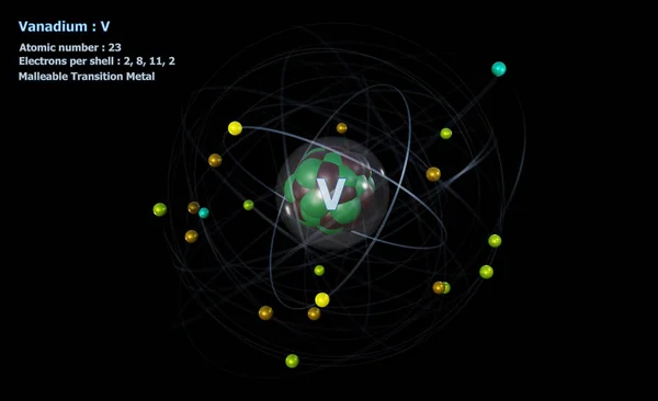 Atom Vanadium Met Kern Elektronen Met Een Zwarte Achtergrond — Stockfoto