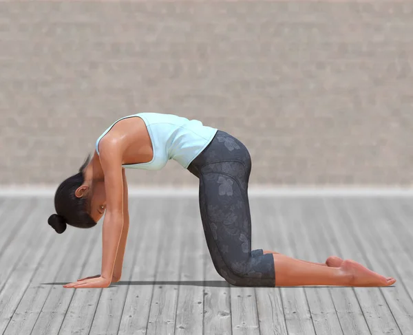 Virtual Woman Yoga Katt Pose Med Klar Trägolv Och Suddig — Stockfoto