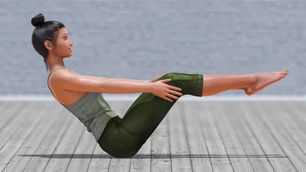 Donna Virtuale Yoga Mezza Barca Posa Con Pavimento Legno Chiaro — Foto Stock