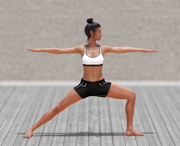 Virtual Woman Yoga Warrior Pose Διαυγές Ξύλινο Δάπεδο Και Θολό — Φωτογραφία Αρχείου