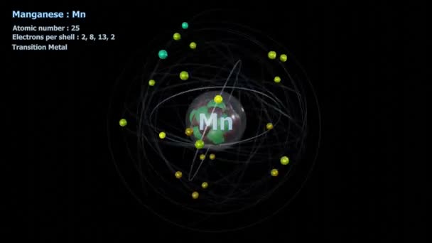 Átomo Manganês Com Elétrons Rotação Orbital Infinita Preto — Vídeo de Stock