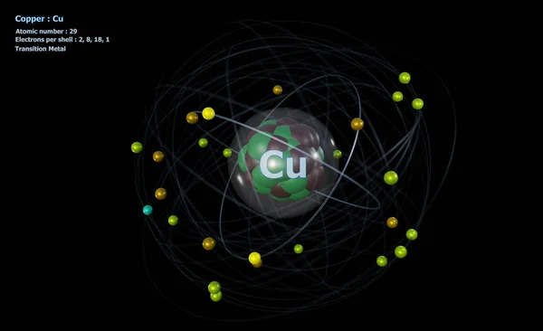 黒の背景を持つコアと29電子を有する銅の原子 — ストック写真