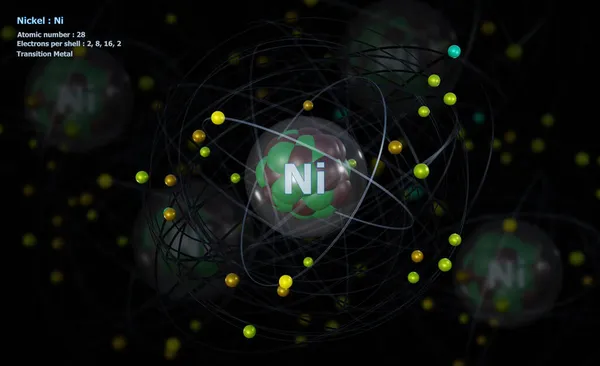 Atom Niklu Szczegółowym Rdzeniem Jego Elektronów Atomami Tle — Zdjęcie stockowe