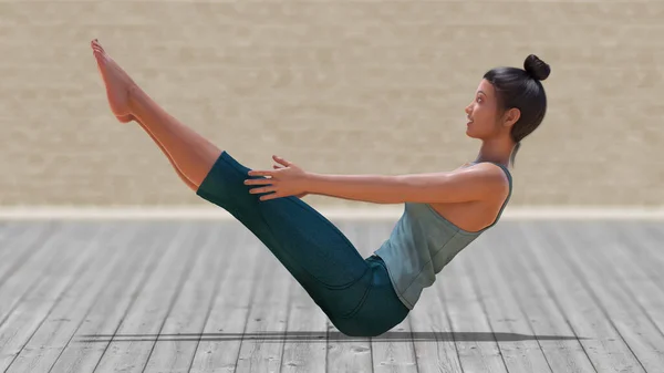 Virtuelle Frau Yoga Bootsposition Mit Klarem Holzboden Und Verschwommenem Hintergrund — Stockfoto