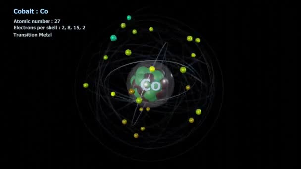 Atome Cobalt Avec Électrons Rotation Orbitale Infinie Sur Noir — Video