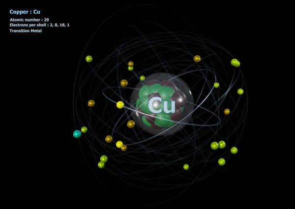 Atom Copper Szczegółowym Rdzeniem Jego Elektronów Czarnym Tle — Zdjęcie stockowe