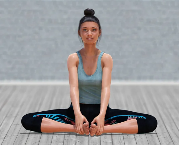 Virtuell Kvinna Yoga Bound Vinkel Pose Med Klar Trägolv Och — Stockfoto