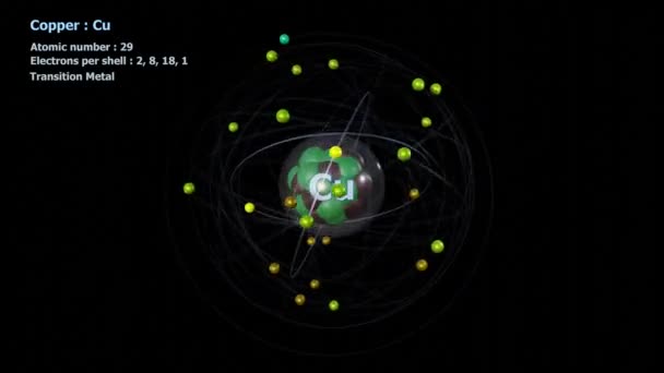 Atom Koppar Med Elektroner Oändlig Omloppsbana Rotation Svart — Stockvideo